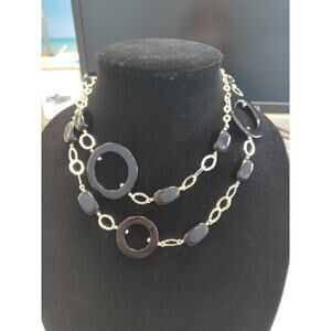 Sterling Silver Links Black Onyx Circles Necklace 35" Adjustable